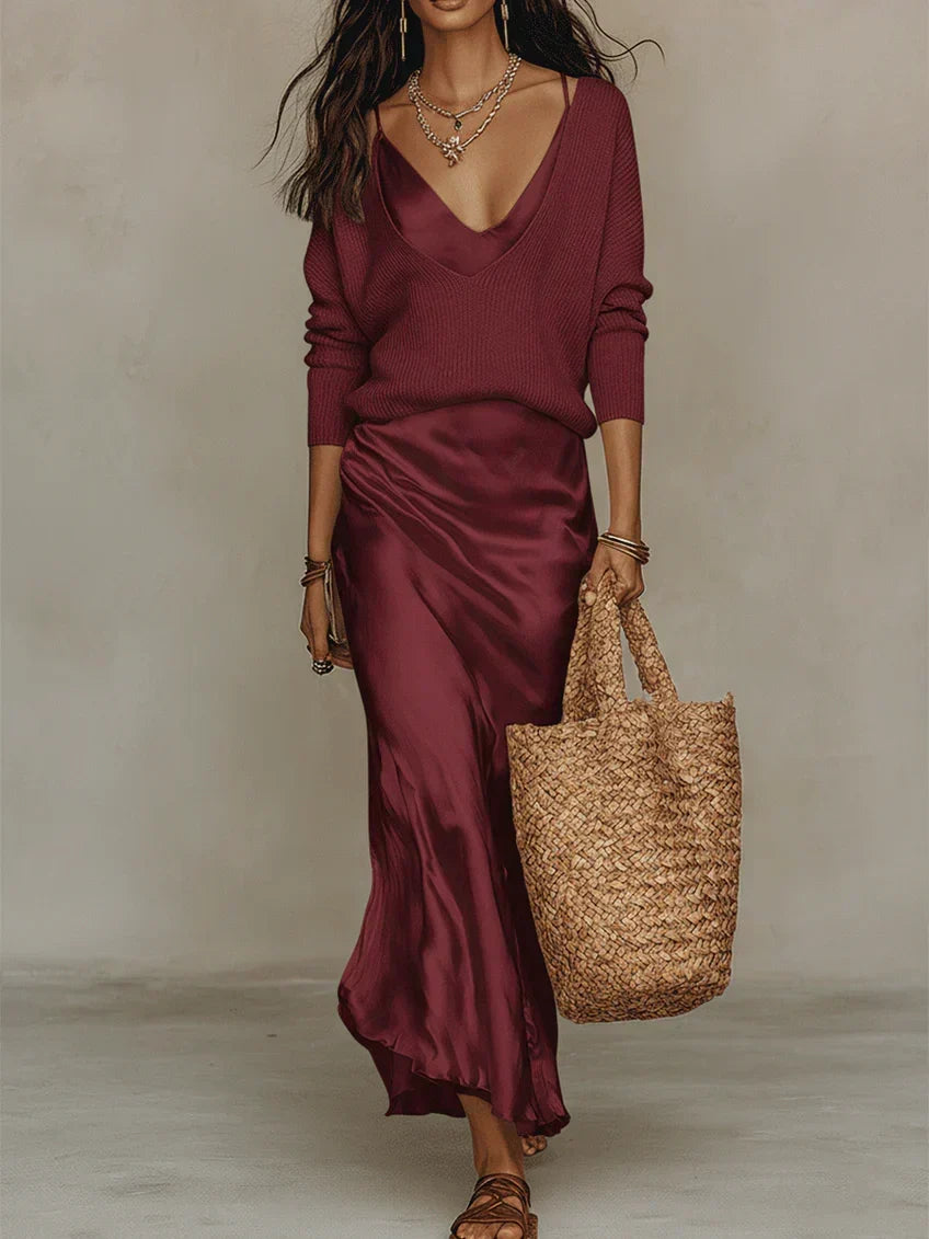 Clémence | Ensemble assorti robe nuisette et maille
